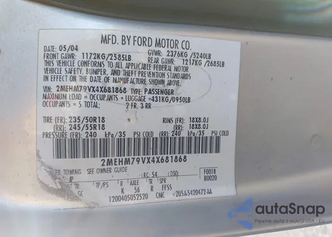 2004 Mercury Marauder z USA, uszkodzony, nr VIN 2MEHM79VX4X681868